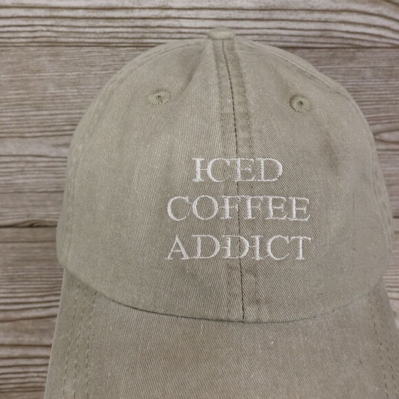 ICED COFFEE ADDICT TAN BEIGE FUNNY HUMOR STRAPBACK BASEBALL DAD HAT CAP - Picture 2 of 10